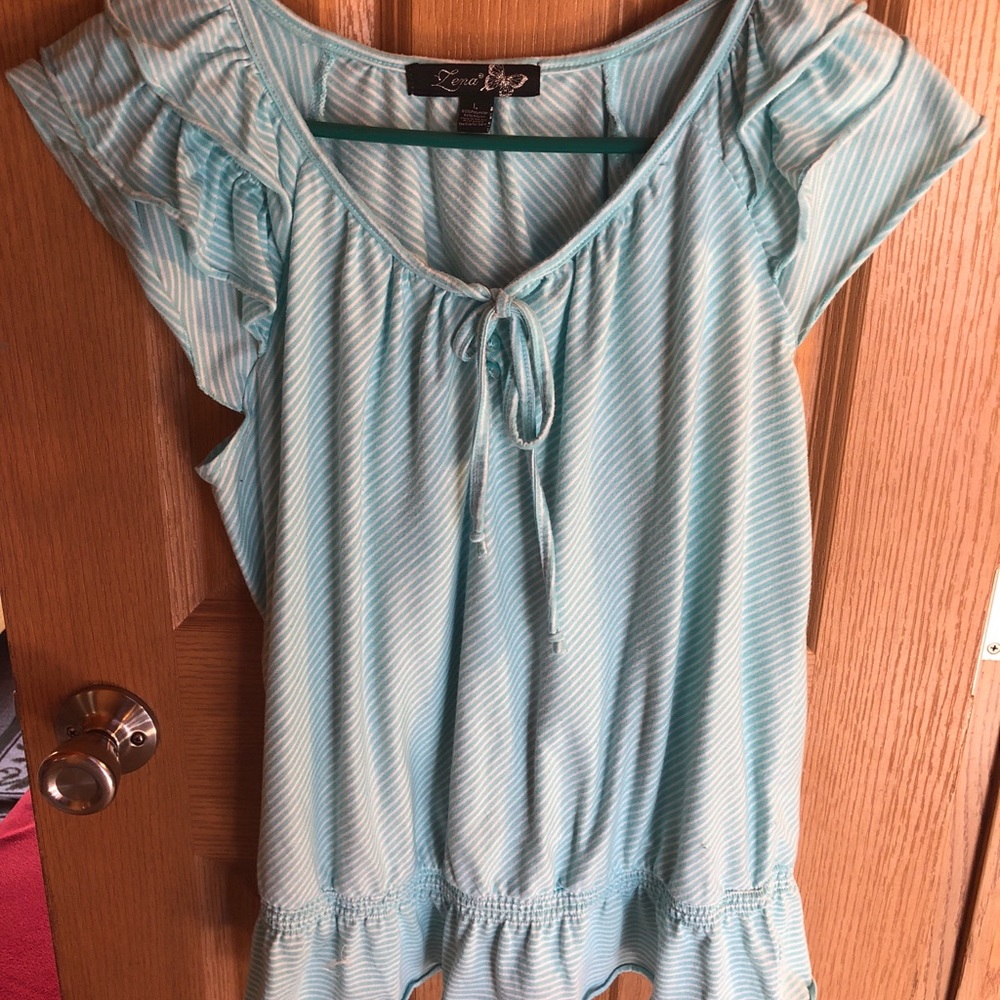 Lena sz large teal and white ruffle shirt